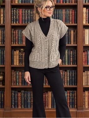 Orvis Grey Cable-Knit Wool Blend Cardigan Sweater Vest Grandpacore SzM Cabincore